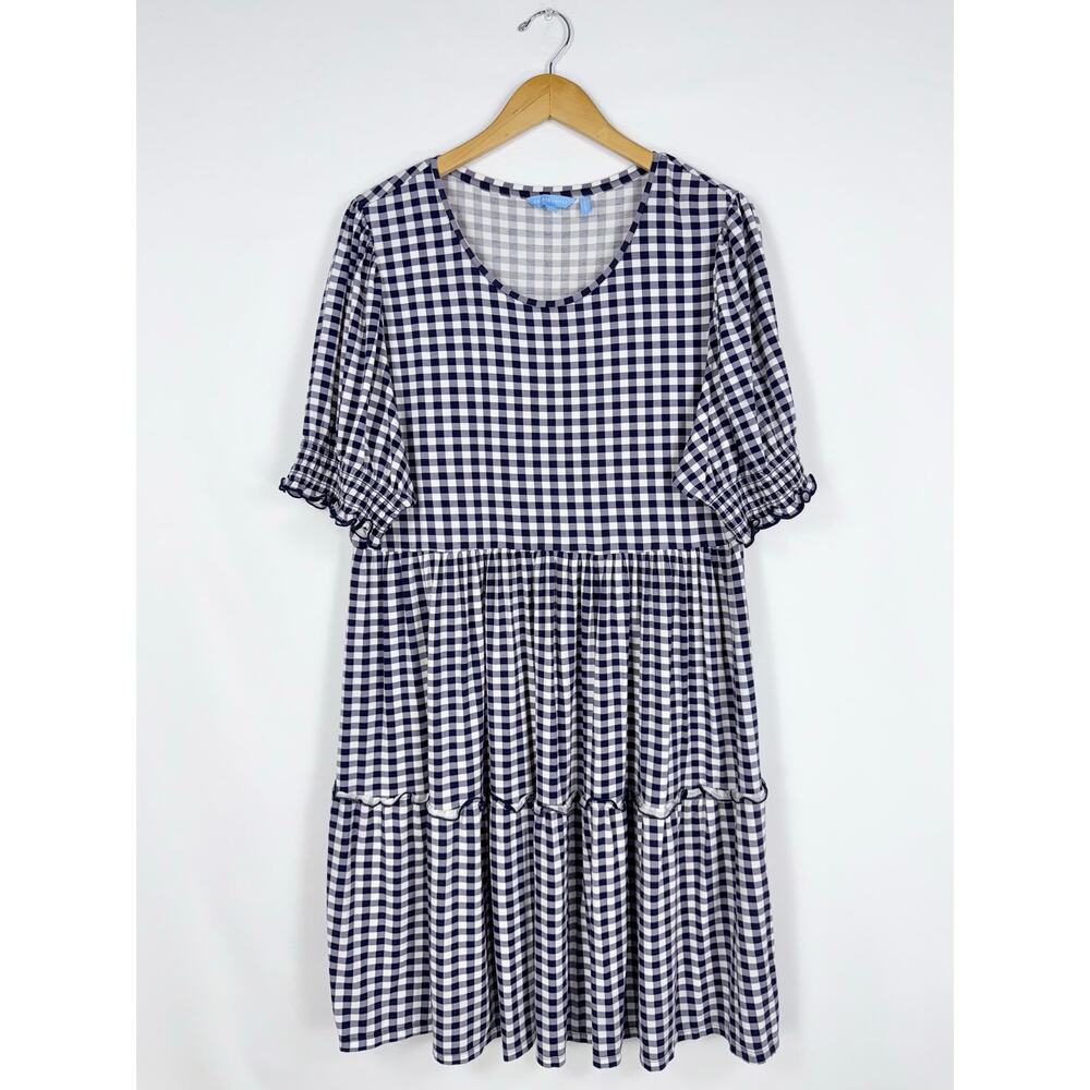Draper James Women's Gingham Tiered Smocked Dress XL Navy Blue White - Picture 2 of 14